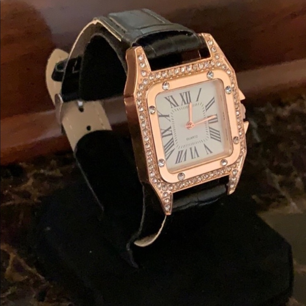 Black and Gold Diamond Leather Watch